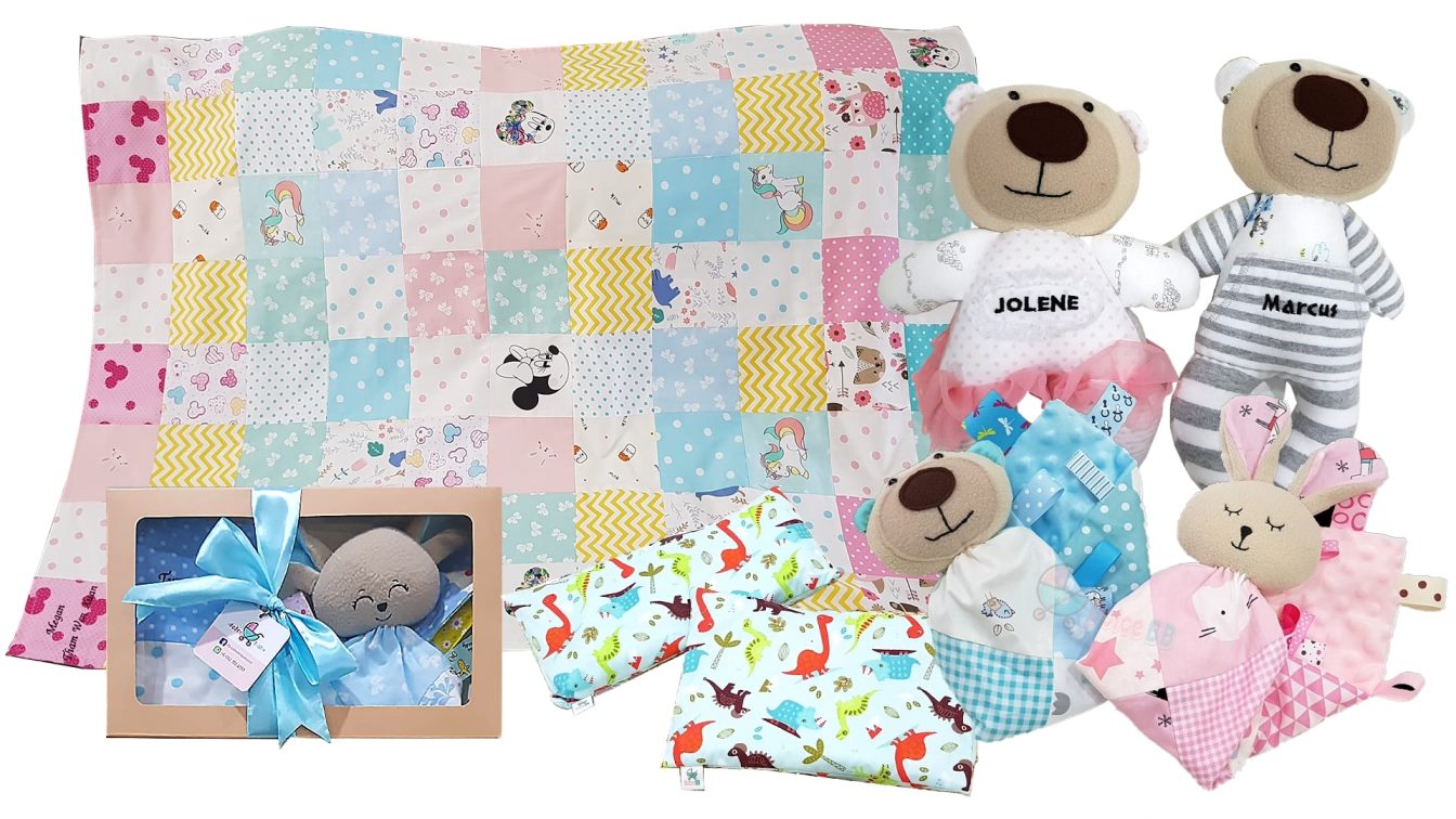 patchwork blanket, plush toy, baby giftset, mung bean husk comfort pillow, taggie towels